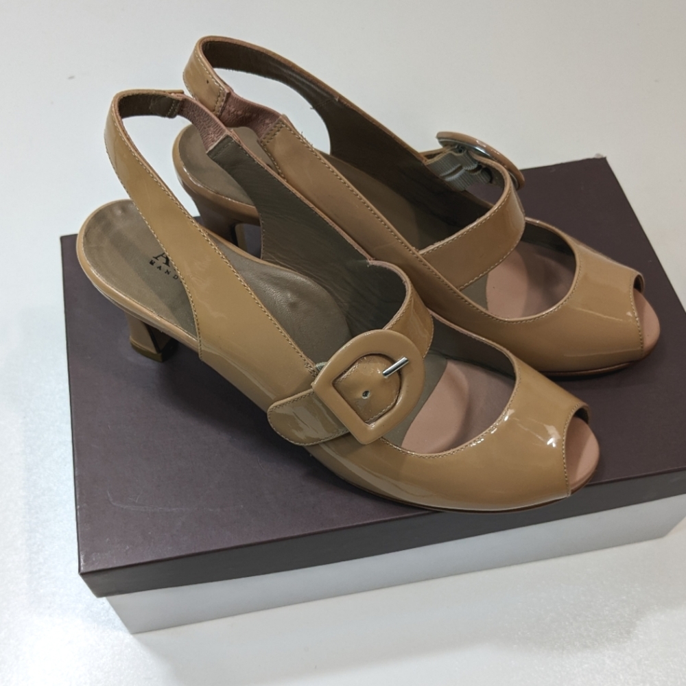 Anyi Lu Tulip Bisque Patent Leather Tan Pumps